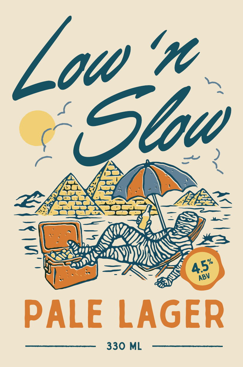 Low 'n Slow label — mummy under an umbrella by the pyramids